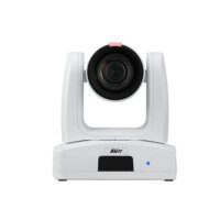 A front view of an AVer branded video conferencing camera with a large lens centered between two white supporting arms, on a white rectangular base with a single blue indicator light.