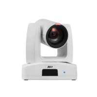 Professional PTZ (Pan-Tilt-Zoom) camera with a prominent lens, mounted on a motorized white base with branding on the front.