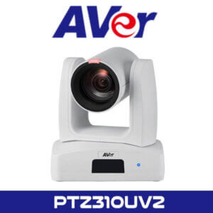 Alt text: A white AVer PTZ310UV2 pan-tilt-zoom camera with a large lens at the front, displayed in front of the AVer logo.
