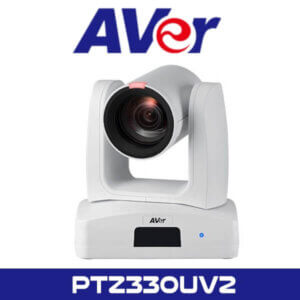 An AVer branded PTZ (pan-tilt-zoom) camera, model PTZ330UV2, with a large lens on a white background, and the AVer logo above the camera.