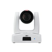 A modern, white AVer conference camera with a large lens, mounted on a motorized pan-tilt base against a white background.