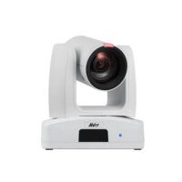 A professional PTZ (Pan-Tilt-Zoom) camera by AVer, featuring a large lens and white casing, on a white background.