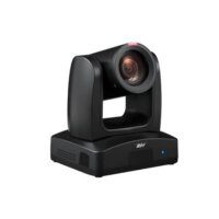 A professional PTZ (pan-tilt-zoom) video conference camera with a wide-angle lens, mounted on a black base with control buttons and status LED indicators.