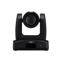 A professional black PTZ (Pan-Tilt-Zoom) video conferencing camera with a prominent lens and controls on the base, set against a white background.