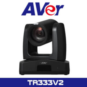 A black AVer professional PTZ (pan-tilt-zoom) camera on a white background, with the AVer logo and the model number "TR333V2" displayed below the device.