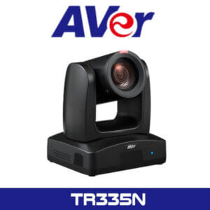 Image of an AVer branded professional PTZ (Pan-Tilt-Zoom) camera, model TR335N, with a large lens, displayed in front of the AVer logo.