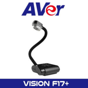 An AVer Vision F17+ flexible neck document camera against a gray background with the AVer logo above.