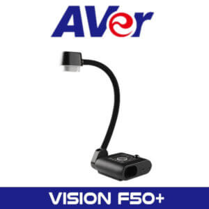 Product image of an AVer VISION F50+ document camera with a flexible neck and a black base, against a white background with the AVER logo above it.