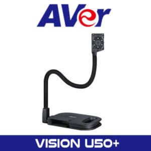 An AVer Vision U50+ document camera with a flexible arm and a mounted camera head against a white background, with the AVer logo at the top.