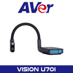 Alt text: A black AVer Vision U701i document camera with a flexible neck and a rectangular base displayed against a white background, with the AVer logo at the top.