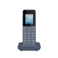A cordless Grandstream landline phone with a digital screen displaying the time and date, placed on its charging dock.