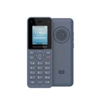Alt text: An image of a Grandstream branded wireless office phone, shown alongside its charging cradle. The phone has a color screen displaying the time and date, with a numeric keypad and function buttons below.