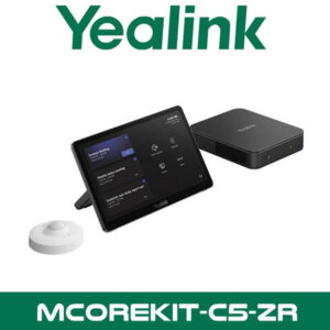 Yealink conference room equipment including a touch screen control panel, a compact connectivity hub, and a small speakerphone, with the model name "MCOREKIT-CS-2R" displayed below.