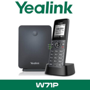 A Yealink W71P cordless phone system, with a handset in its charging dock and a base station, displayed in front of the "Yealink" logo.