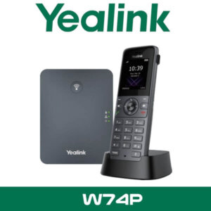 The image displays a Yealink W74P cordless phone model, with the handset situated in its charging base, next to the associated base station. The company logo, "Yealink," is prominent at the top of the image.
