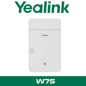 Alt text: Yealink W75 DECT base station with the Yealink logo at the top and model number at the bottom, with status indicator lights for LAN and DECT visible on the front panel.