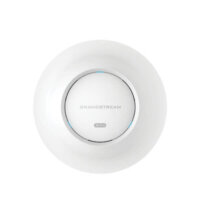 A white, circular Grandstream Wi-Fi access point with a central status light and branding on the front.