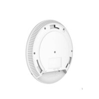A white, circular robotic vacuum cleaner bottom view showing wheels, brushes, and various sensors.