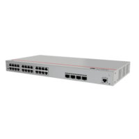 Ethernet network switch with multiple ports shown from an angled view against a white background.