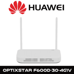 Front view of a Huawei OptiXstar F600D-30-4G1V wireless router with two antennas and brand logo above.