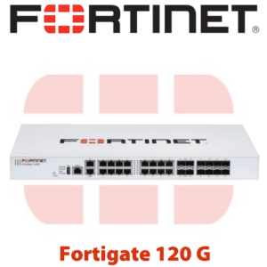 A Fortinet Fortigate 120G network security device with multiple network ports, displayed in front of the Fortinet logo.