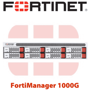 Front view of a Fortinet FortiManager 1000G network security device with multiple ports and indicator lights.