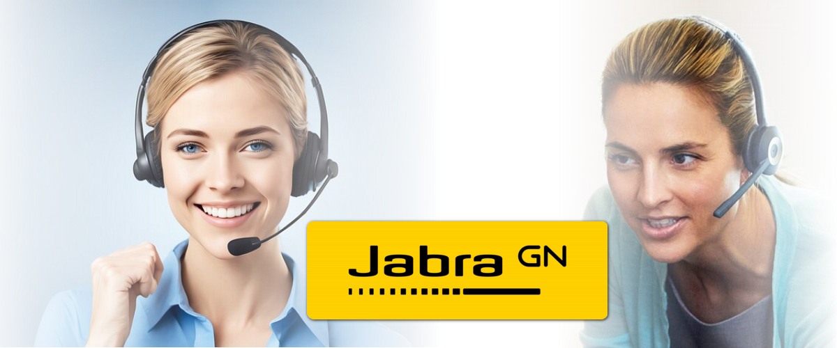 Jabra GN Professional Headset Advertisement Two women wearing Jabra GN headsets with microphones with a blue and white background, one smiling at the camera, and the Jabra GN logo prominently displayed.