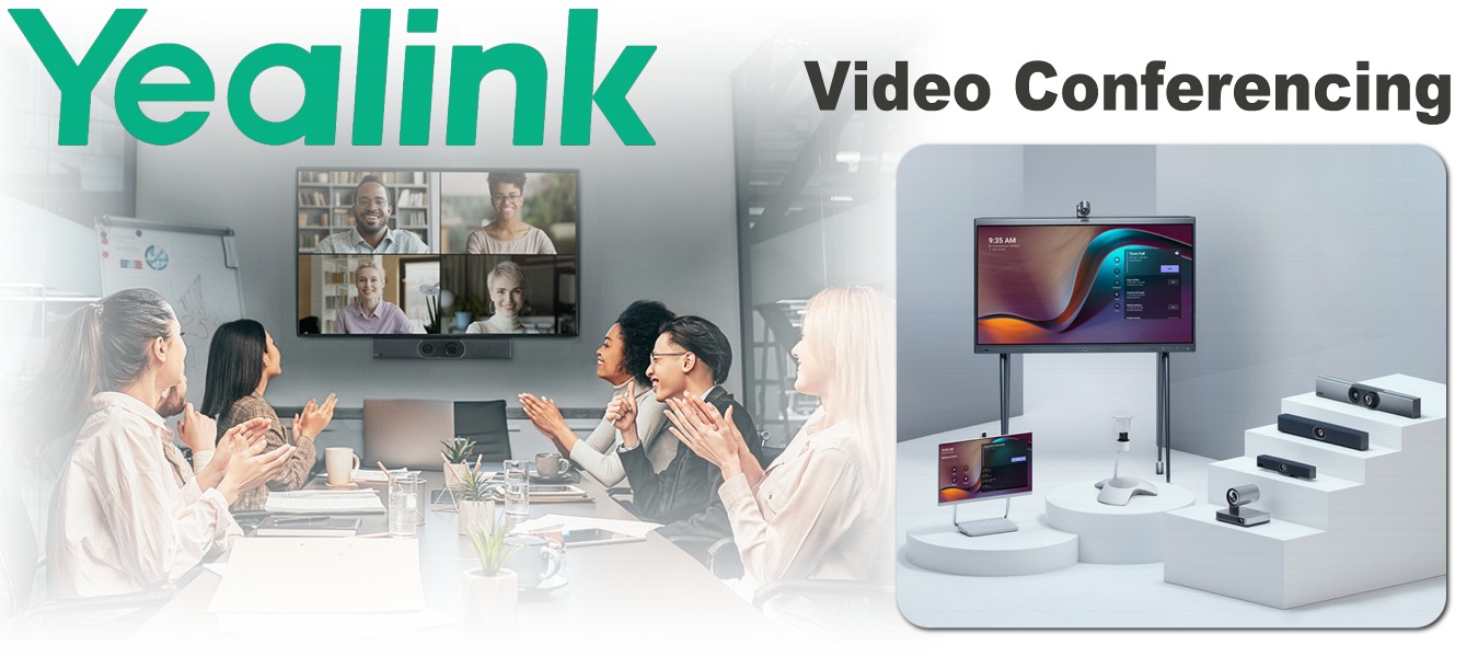 Yealink Video Conferencing Solutions A team engaging in video conferencing using Yealink equipment, with various Yealink video conferencing products displayed on the right.