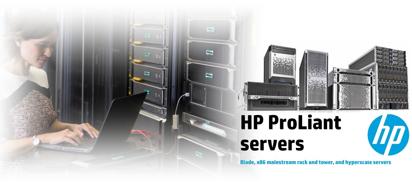 HP ProLiant Server Range A woman working on a laptop next to HP ProLiant server racks with various models of HP servers displayed on the right.