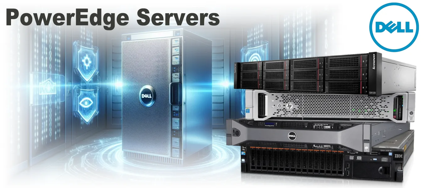 Promotional image of Dell PowerEdge servers showcasing various models with digital security shields and Dell logo.