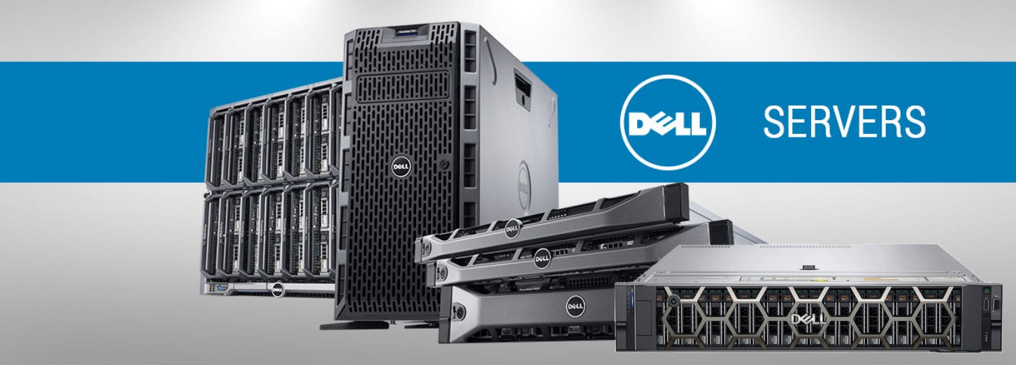 An array of Dell servers displayed including tower, rack, and blade models with the Dell logo and the word 'SERVERS' on a blue and white background.