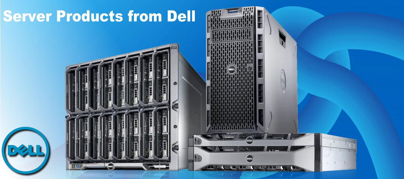 Dell logo with a lineup of various Dell server racks and tower servers against a blue abstract background.