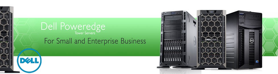 Banner featuring a lineup of Dell Poweredge Tower Servers for small and enterprise business with Dell logo on the left.