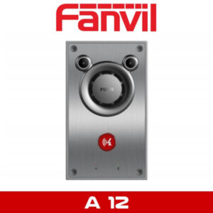 A silver Fanvil A12 audio door phone with a circular speaker, microphone holes, a red call button, and branding at the top and bottom.