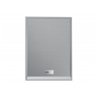 Front view of a silver perforated panel speaker with a logo at the bottom center