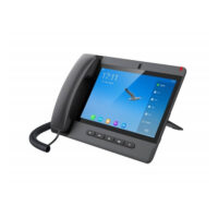 A modern office desk phone with a touchscreen display and a black handset, isolated on a white background.