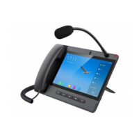 An IP phone with a digital touchscreen interface, handset, and flexible microphone boom arm, isolated on a white background.