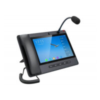 A desktop intercom device with a touchscreen display and attached flexible microphone.