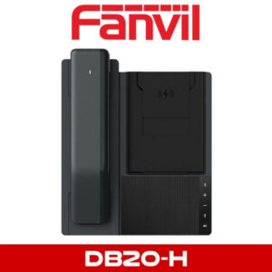 A black Fanvil DB20-H wireless doorbell with a handset on the left and the main unit on the right, on a white background.