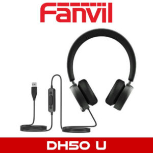 Black Fanvil USB headset with in-line control shown against a white background.