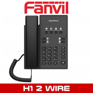 Black Fanvil H1 2 Wire hotel phone with handset and numeric keypad displayed against a white background.