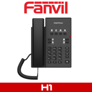 A black hotel phone with labeled buttons and the Fanvil logo displayed at the top.