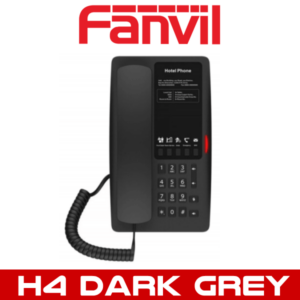 A dark grey Fanvil H4 hotel phone with visible keypad and handset.