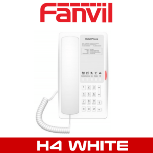 White hotel room telephone by Fanvil with handset and numerical keypad displayed against a white background.