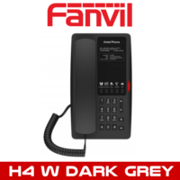 Black hotel telephone with cord and numerical keypad, featuring the Fanvil logo and model designation H4W Dark Grey.