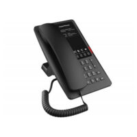 A black desktop office phone with a digital display and multiple function buttons