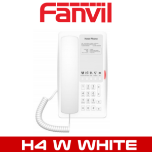 A white Fanvil H4W hotel phone with a handset connected by a curly cord displayed against a white background with Fanvil logo at the top.