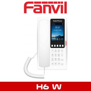 White hotel phone with screen displaying time and date, labeled as Fanvil H6W, against a white background with Fanvil logo at the top.