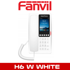 White hotel phone with screen, branded by Fanvil, model H6W, with handset attached by cord.
