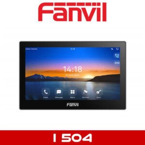 A touchscreen display of a Fanvil indoor station showing time, date, and quick access buttons for dialer, messages, menu, monitor, and door functions with the Fanvil logo at the top.